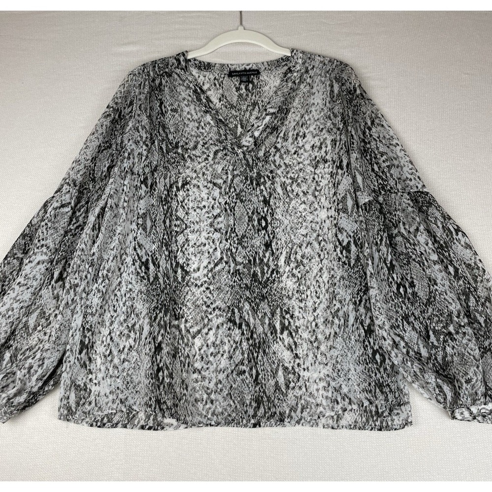 Saks 5th Avenue Womens Balloon Sleeve Blouse Sheer Snake Print V Neck -‎ Small